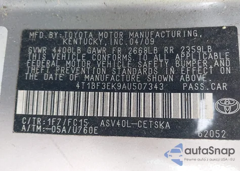 2010 Toyota Camry Se из США, поврежденный, VIN 4T1BF3EK9AU507343